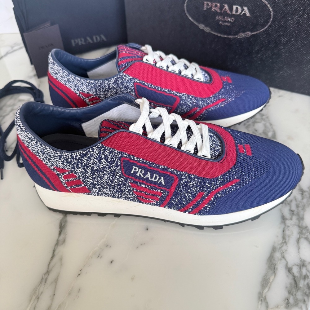 Prada‎ Knit Sneakers Mens  Indaco Scarlatto Blue Red 2EG272 Runner Shoes US 8 - Picture 6 of 12